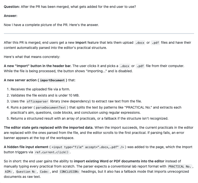PR Agent answering a code question on a GitHub pull request with /ask