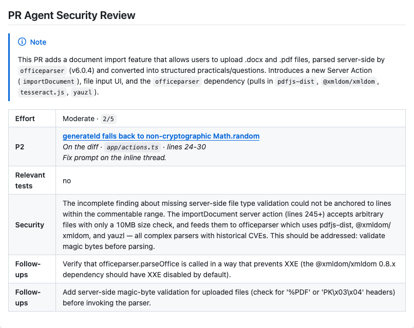 PR Agent security code review summary on a GitHub pull request with /review-security