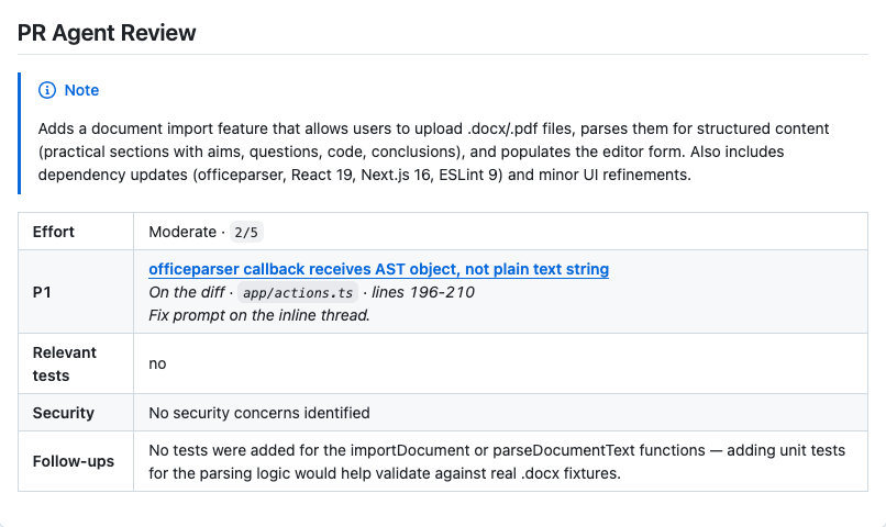PR Agent automated AI code review on a GitHub pull request using /review